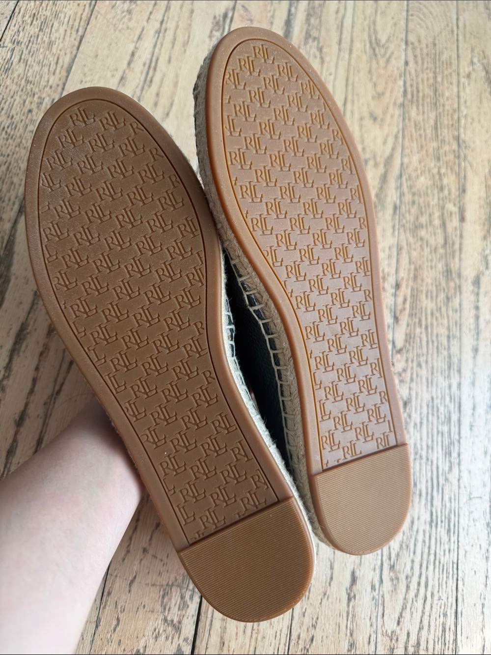NWOB Ralph Lauren Black Leather Espadrille Slip-Ons with Gold Logo 9 - Picture 3 of 4